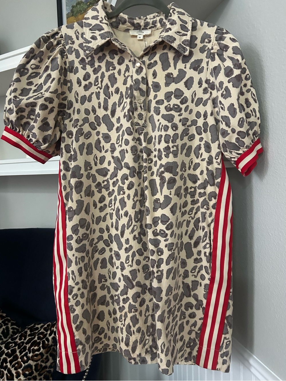 entro Beige and Brown Leopard Polo Dress with Red Stripe Trim